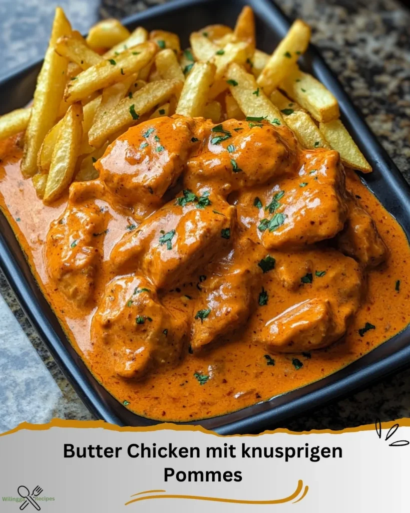 Butter Chicken mit Knoblauchsauce und knusprigen Pommes