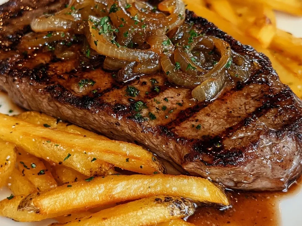 Ribeye Steak mit karamellisierten Zwiebeln und Pommes Frites