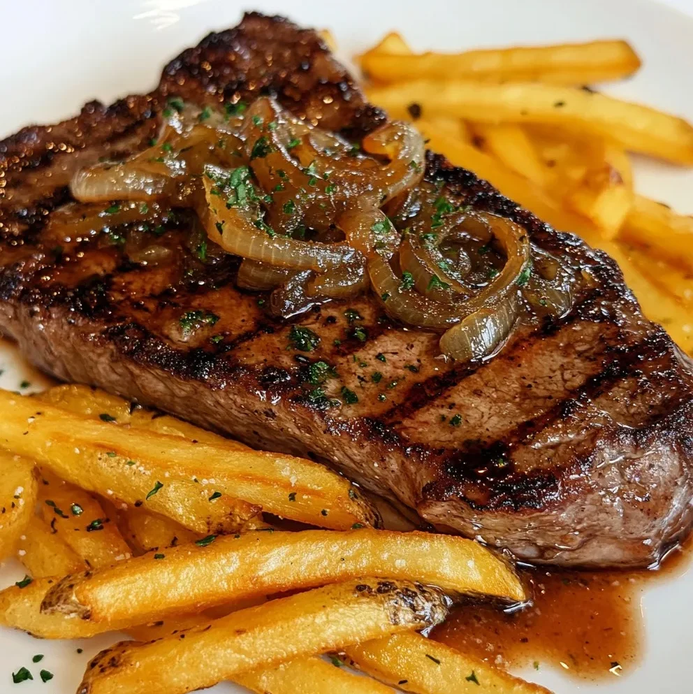 Ribeye Steak mit karamellisierten Zwiebeln und Pommes Frites