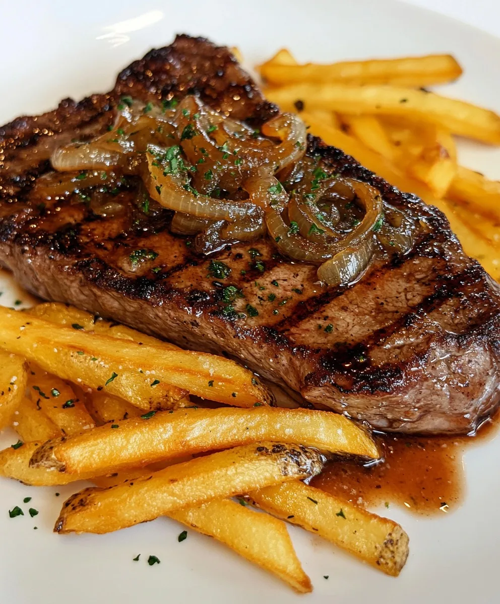 Ribeye Steak mit karamellisierten Zwiebeln und Pommes Frites