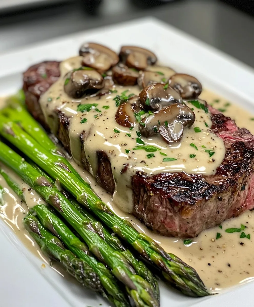 Steak mit cremiger Pilzsauce und Spargel