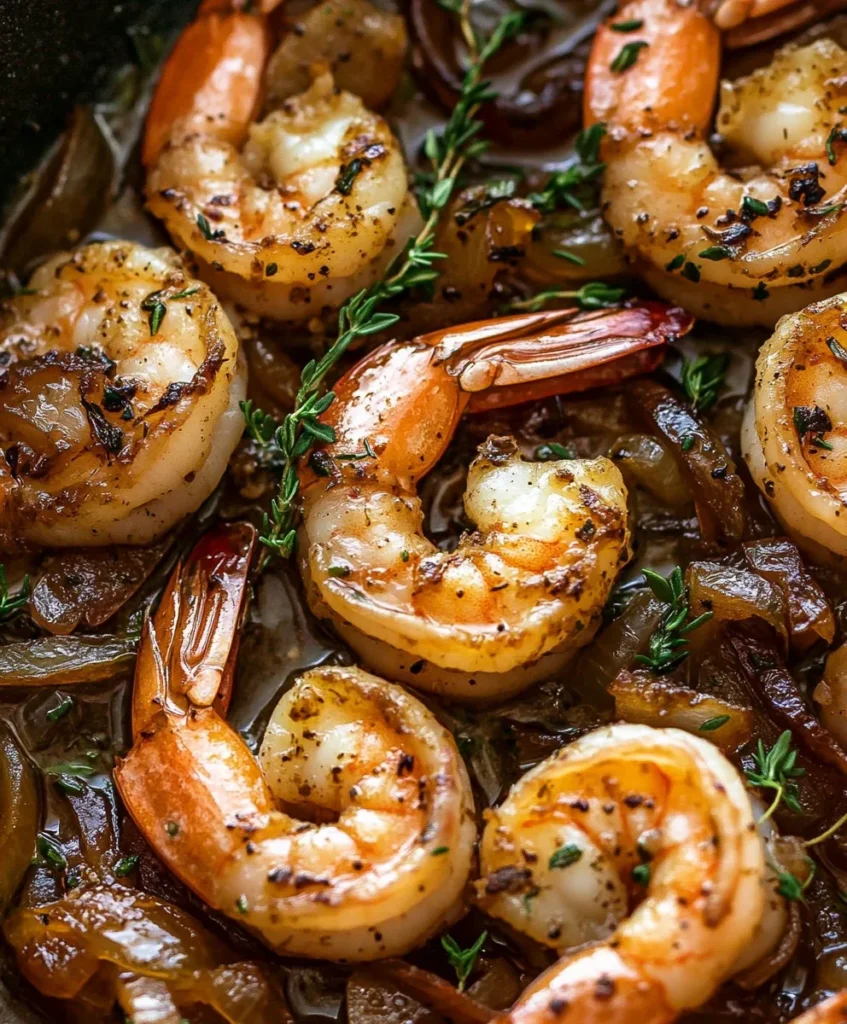 Knoblauch-Kräuter-Butter-Garnelen mit karamellisierten Zwiebeln