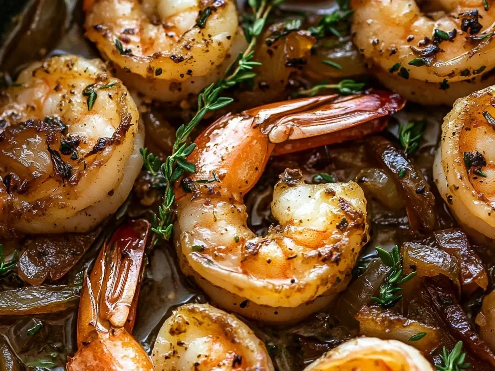 Knoblauch-Kräuter-Butter-Garnelen mit karamellisierten Zwiebeln