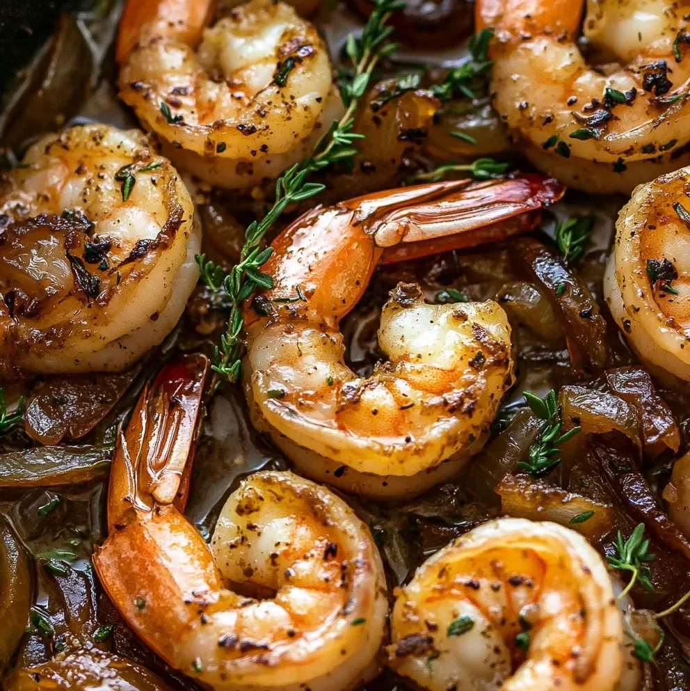 Knoblauch-Kräuter-Butter-Garnelen mit karamellisierten Zwiebeln