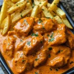 Butter Chicken mit Knoblauchsauce und knusprigen Pommes