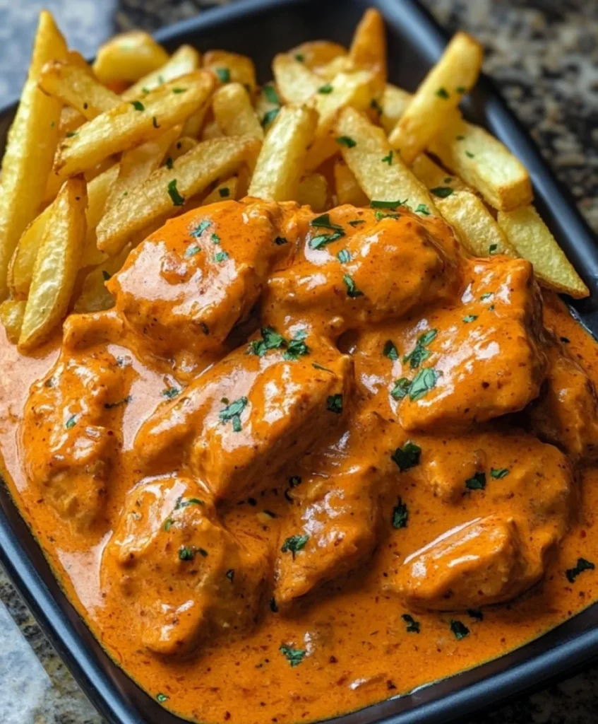 Butter Chicken mit Knoblauchsauce und knusprigen Pommes