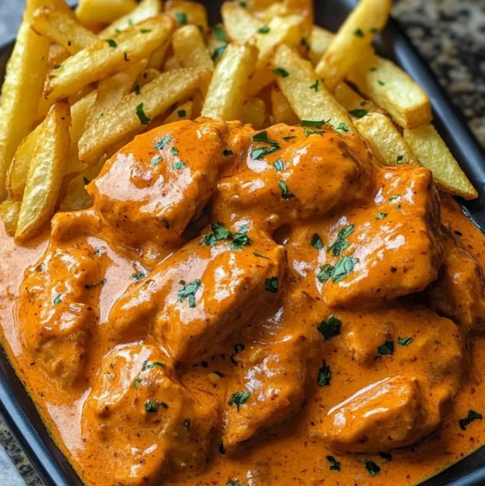 Butter Chicken mit Knoblauchsauce und knusprigen Pommes