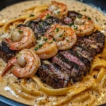 Cajun Garnelen und Steak Alfredo Pasta