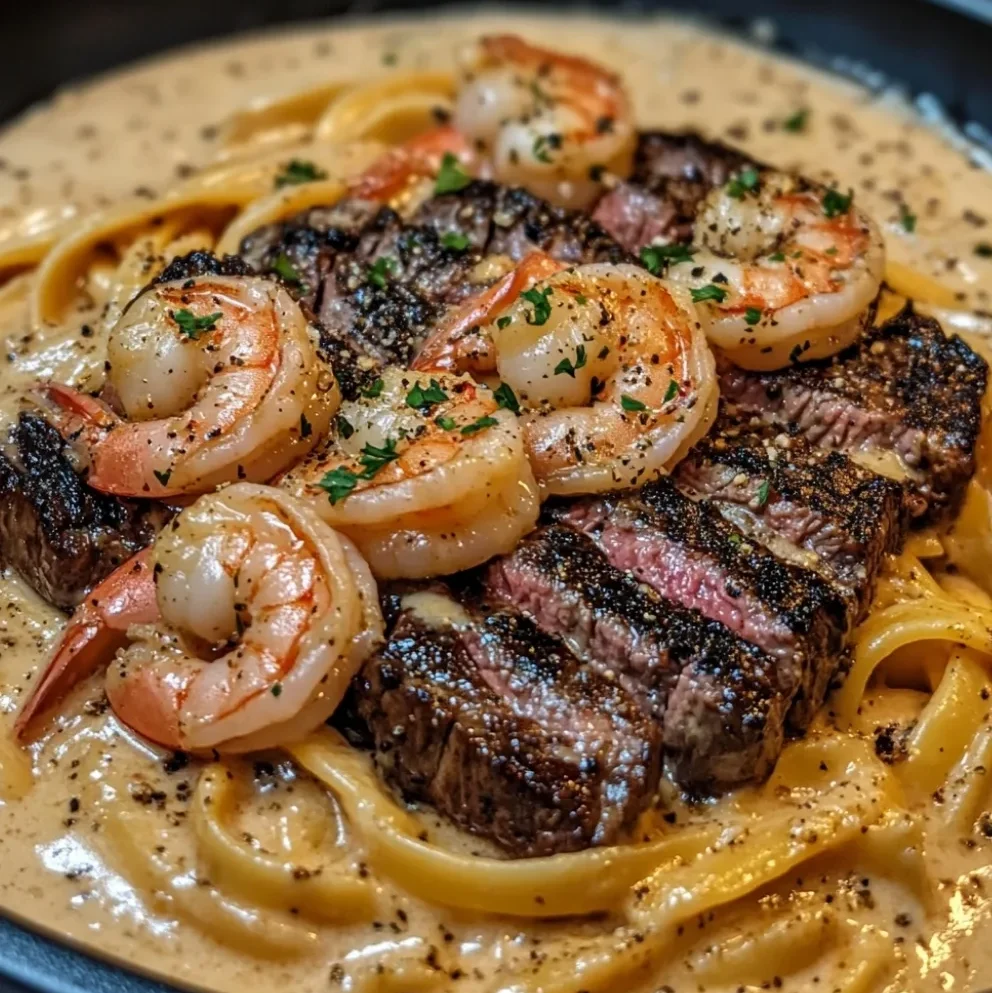 Cajun Garnelen und Steak Alfredo Pasta