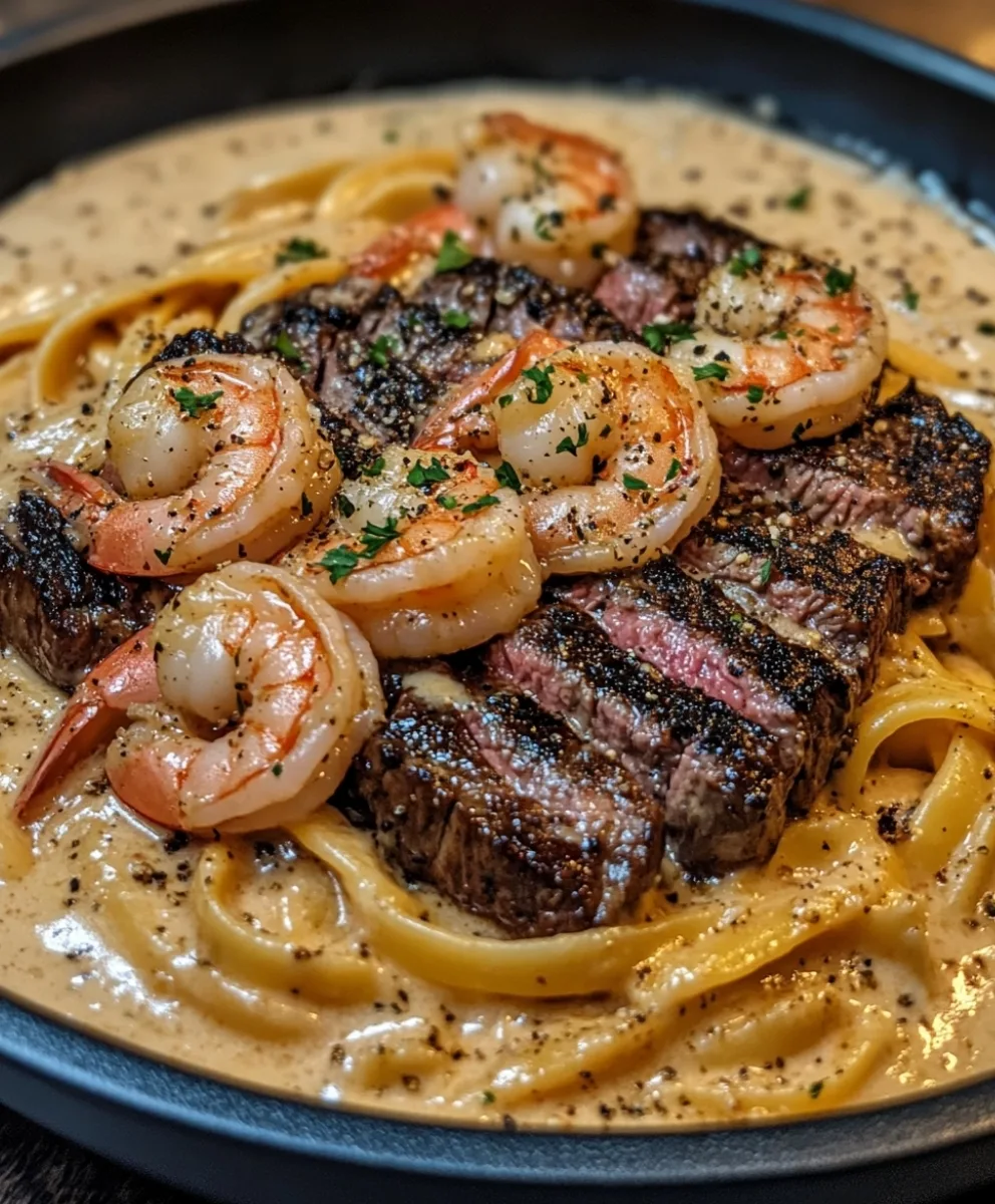 Cajun Garnelen und Steak Alfredo Pasta