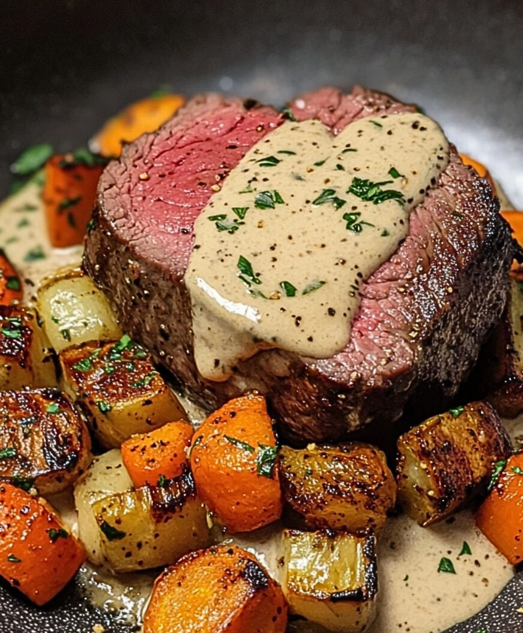 Rinderfilet mit Knoblauch-Dijon-Sahnesauce und geröstetem Gemüse