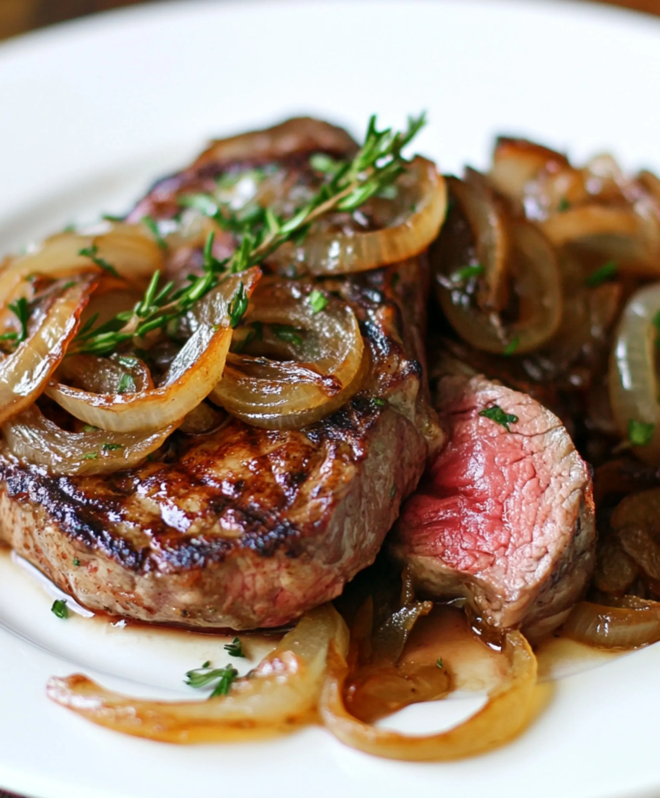 Elegantes Ribeye Steak mit karamellisierten Zwiebeln genießen