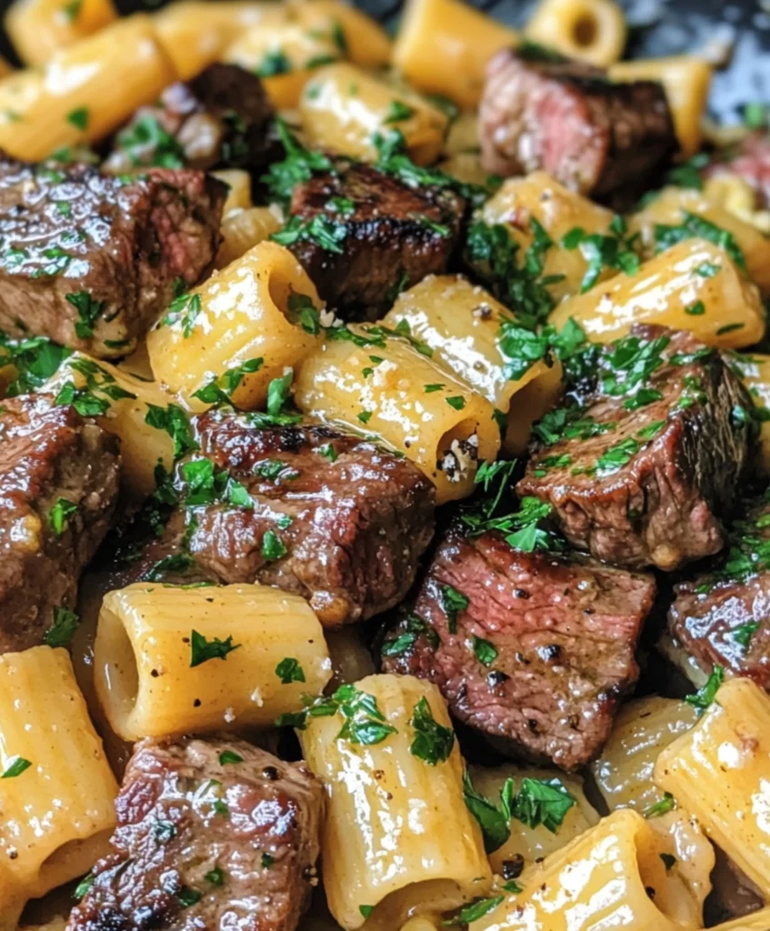 Knoblauchbutter-Steakspitzen mit käsigen Rigatoni genießen