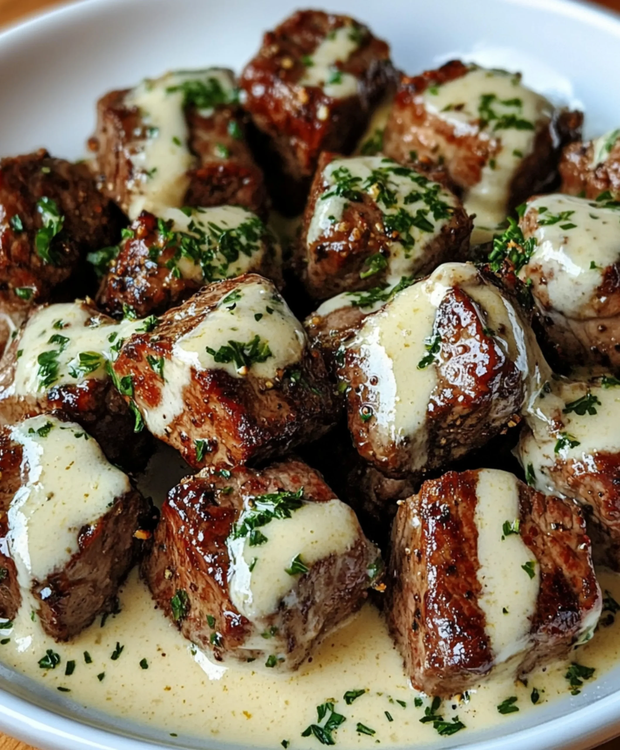 Knoblauchbutter Steakbissen mit Parmesan-Cremesauce genießen.