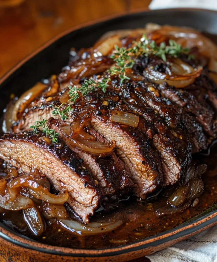 Zartes Rindfleischbruststück in aromatischer Balsamico-Zwiebelsoße genießen.