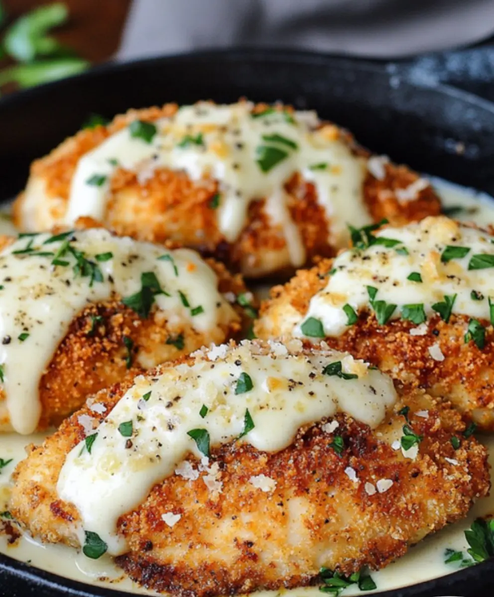 Knuspriges Parmesan-Hühnchen mit cremiger Alfredo-Sauce genießen.