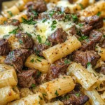 Knoblauchbutter-Rinderstücke mit Käse-Rigatoni genießen!