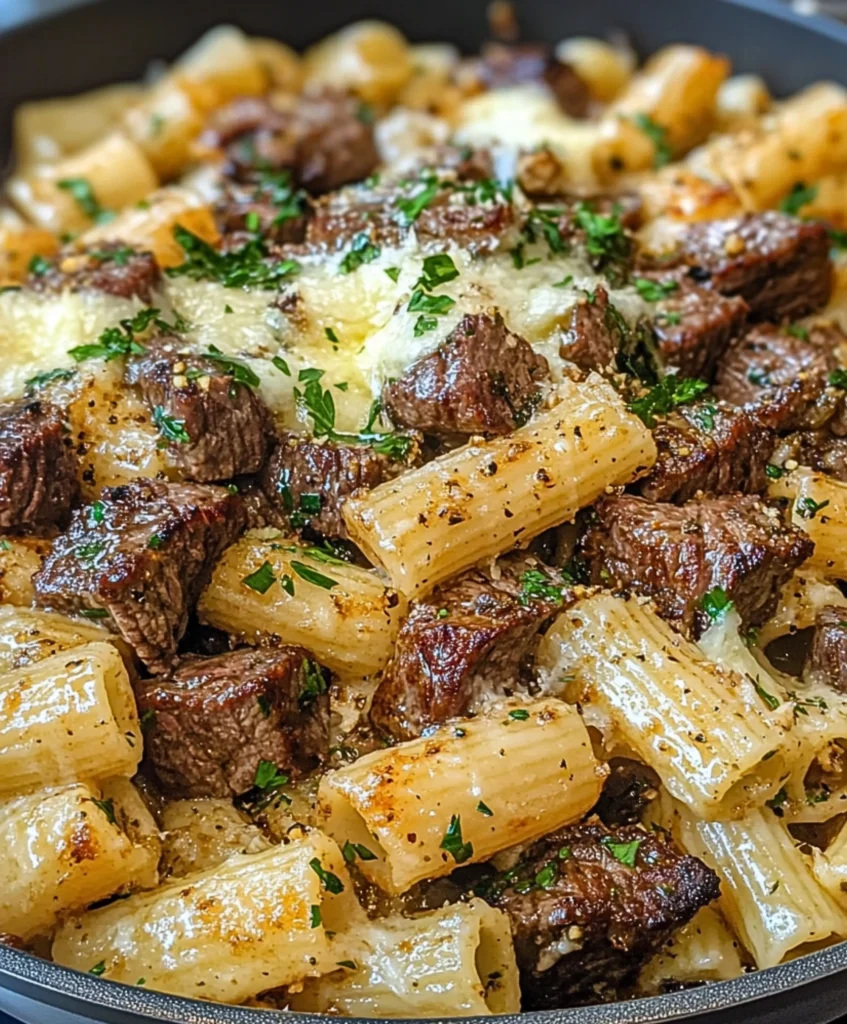 Knoblauchbutter-Rinderstücke mit Käse-Rigatoni genießen!