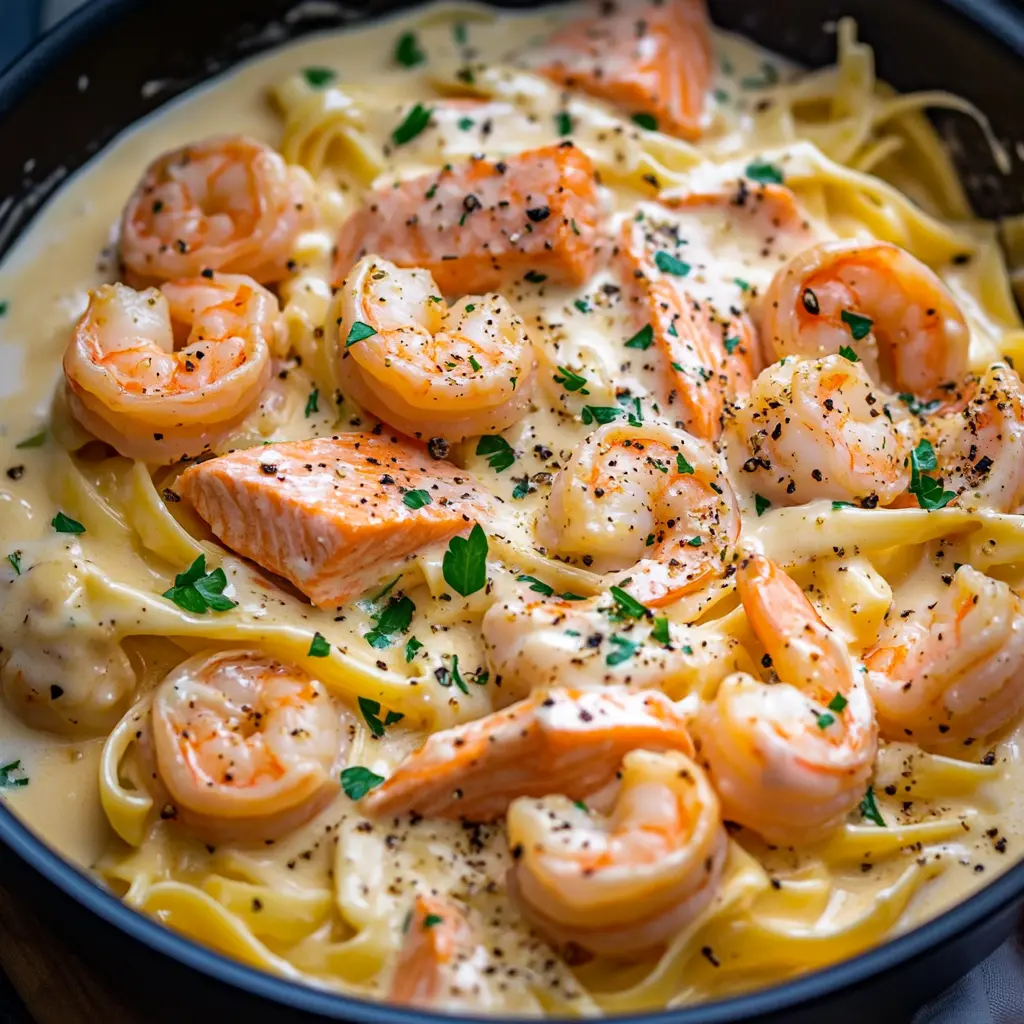 Cremige Lachs- und Garnelen-Alfredo einfach zubereiten.