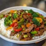 Rindfleisch-Pfanne mit Paprika und Reis
