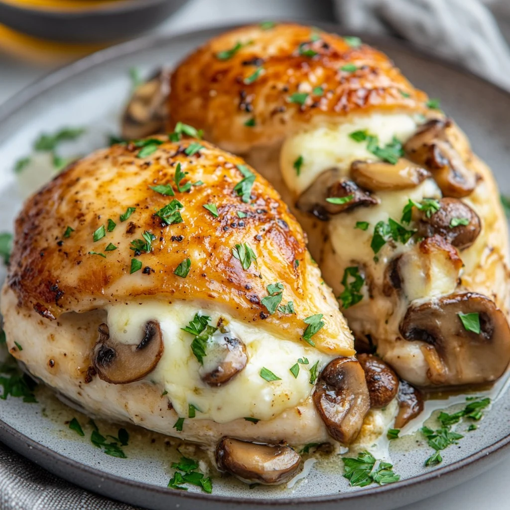 Käse-Knoblauch-Butter gefülltes Hähnchen mit Champignons genießen
