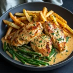 Hähnchen in einer würzigen Sahnesauce mit grünen Bohnen und Pommes Frites