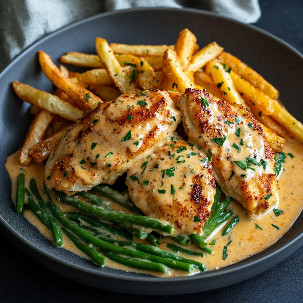 Hähnchen in einer würzigen Sahnesauce mit grünen Bohnen und Pommes Frites