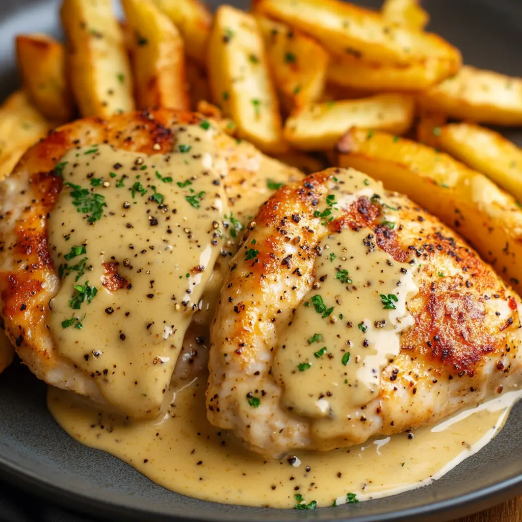 Cremige Senf-Hähnchen mit knusprigen Pommes Frites