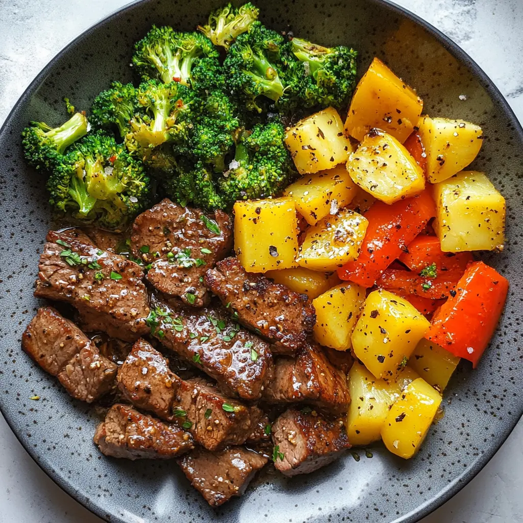 Pfeffersteak mit Knoblauchbutterkartoffeln und Cheddarbrokkoli