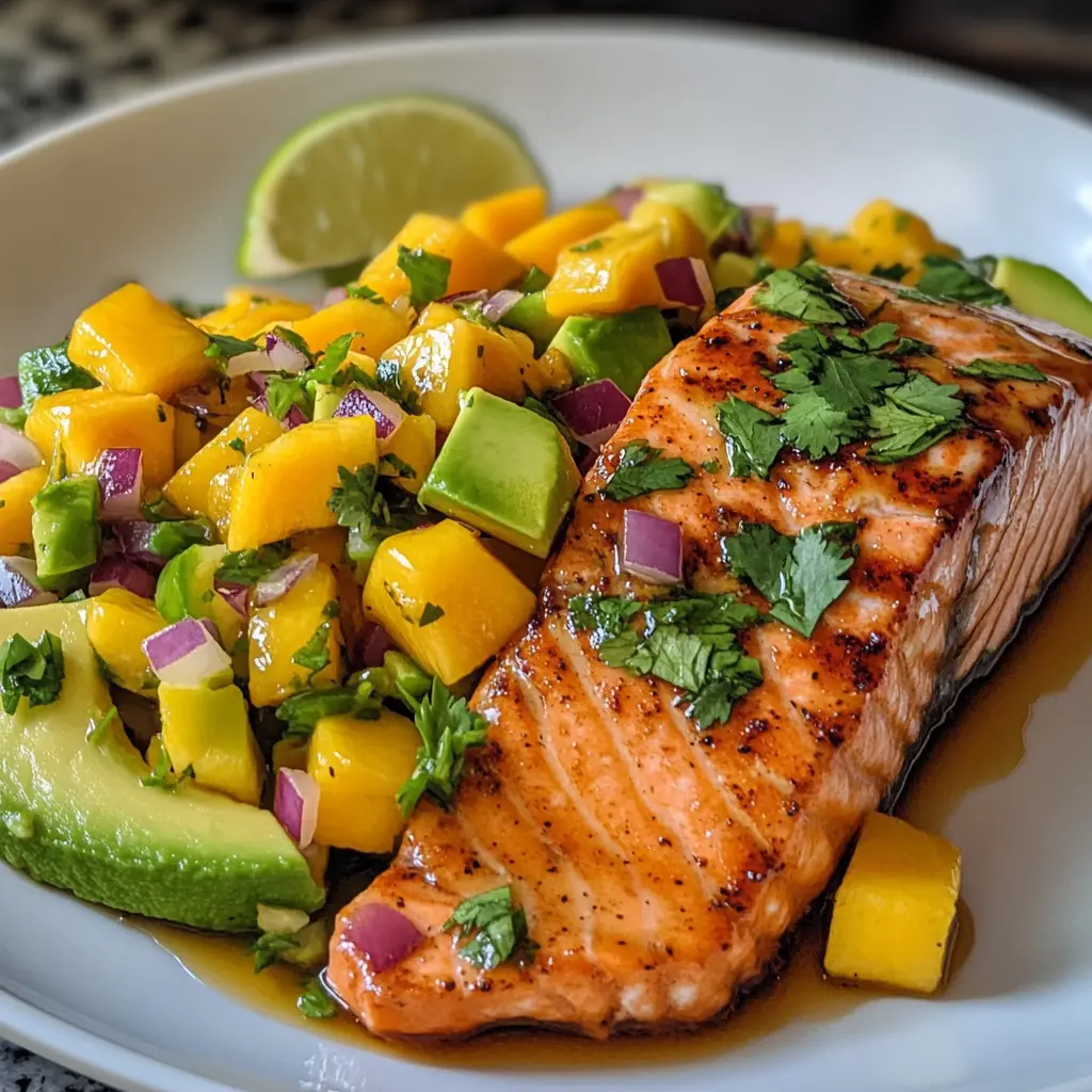 Honig-glasiertes Lachsfilet mit Mango-Avocado-Salsa